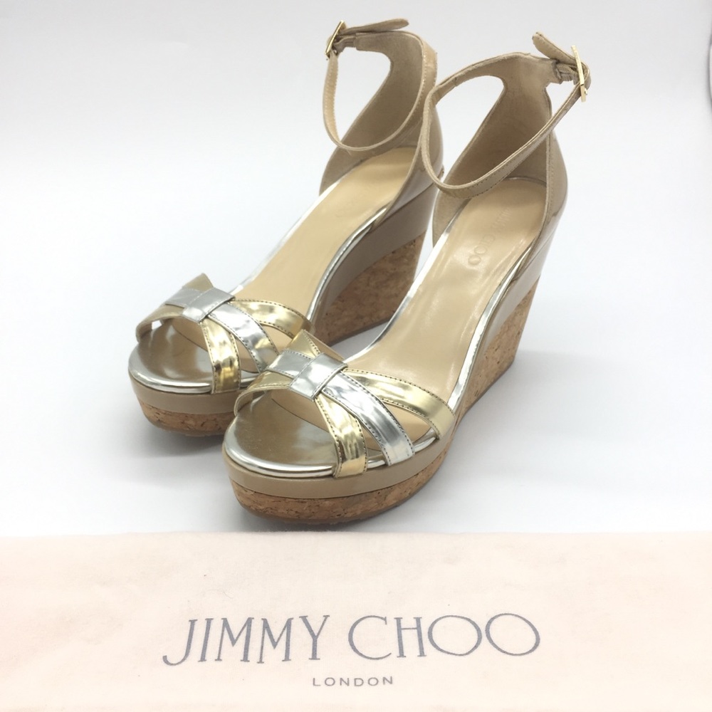Jimmy Choo Patent Ankle Strap Open Toe Platform Wedge Sandals Size 38